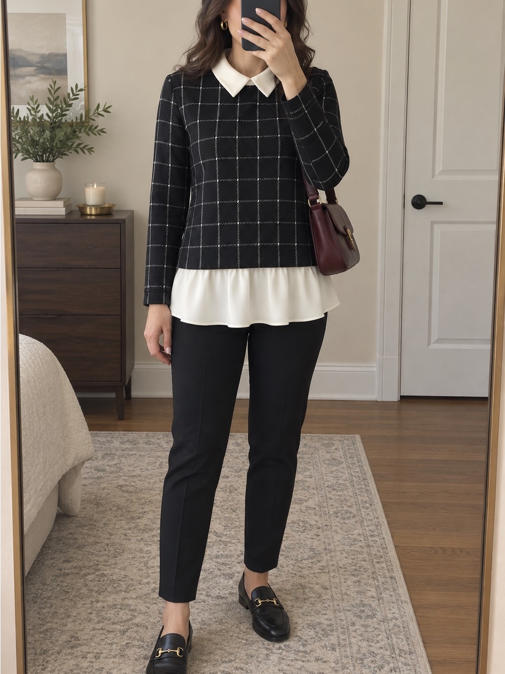 LOFT Black Grid-Pattern Layered Blouse with White Collar